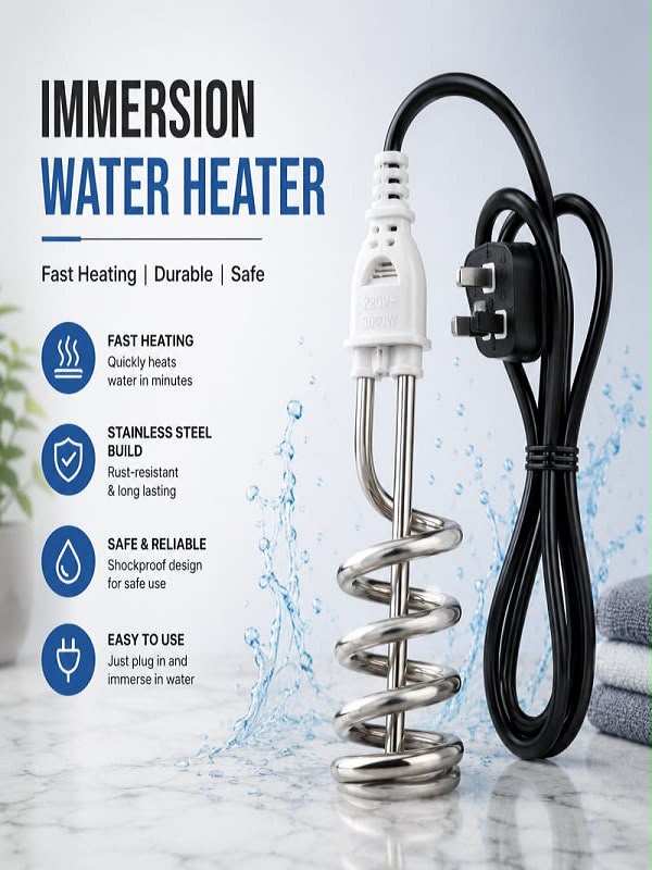 Immersion Water Heater 2500 Watt – Stainless Steel Electric Water Heating Rod for Home & Bathroom